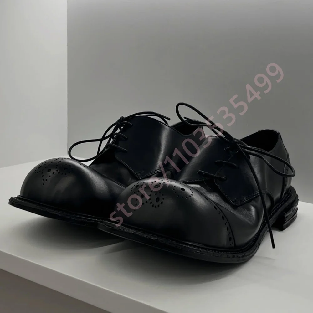 Vintage 2026 Black Leather Derby Shoes Men Women Lace-Up Perforated Toe Cap Oxfords Formal Dress Shoes for Daily Wear