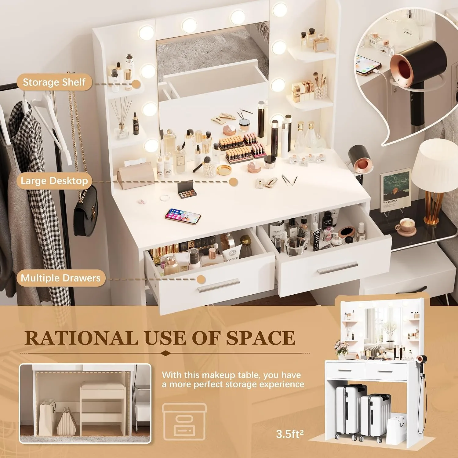 Makeup Vanity Desk with Mirror and Power Outlet, White