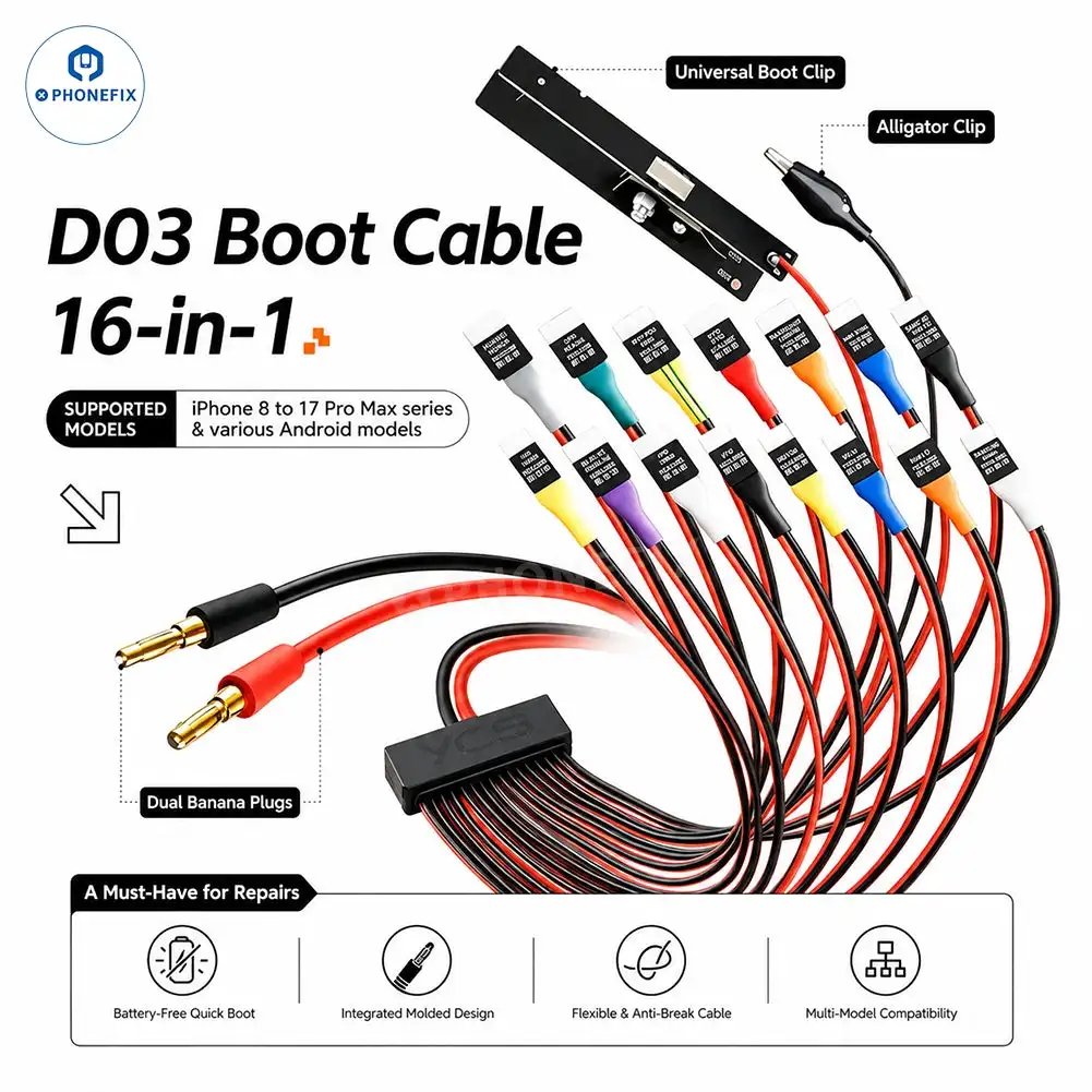 YCS D03 16 In 1 Silicone Battery Boot Cable for iPhone Android, Color-Coded Power Test Cable with Alligator Clips Repair Tools