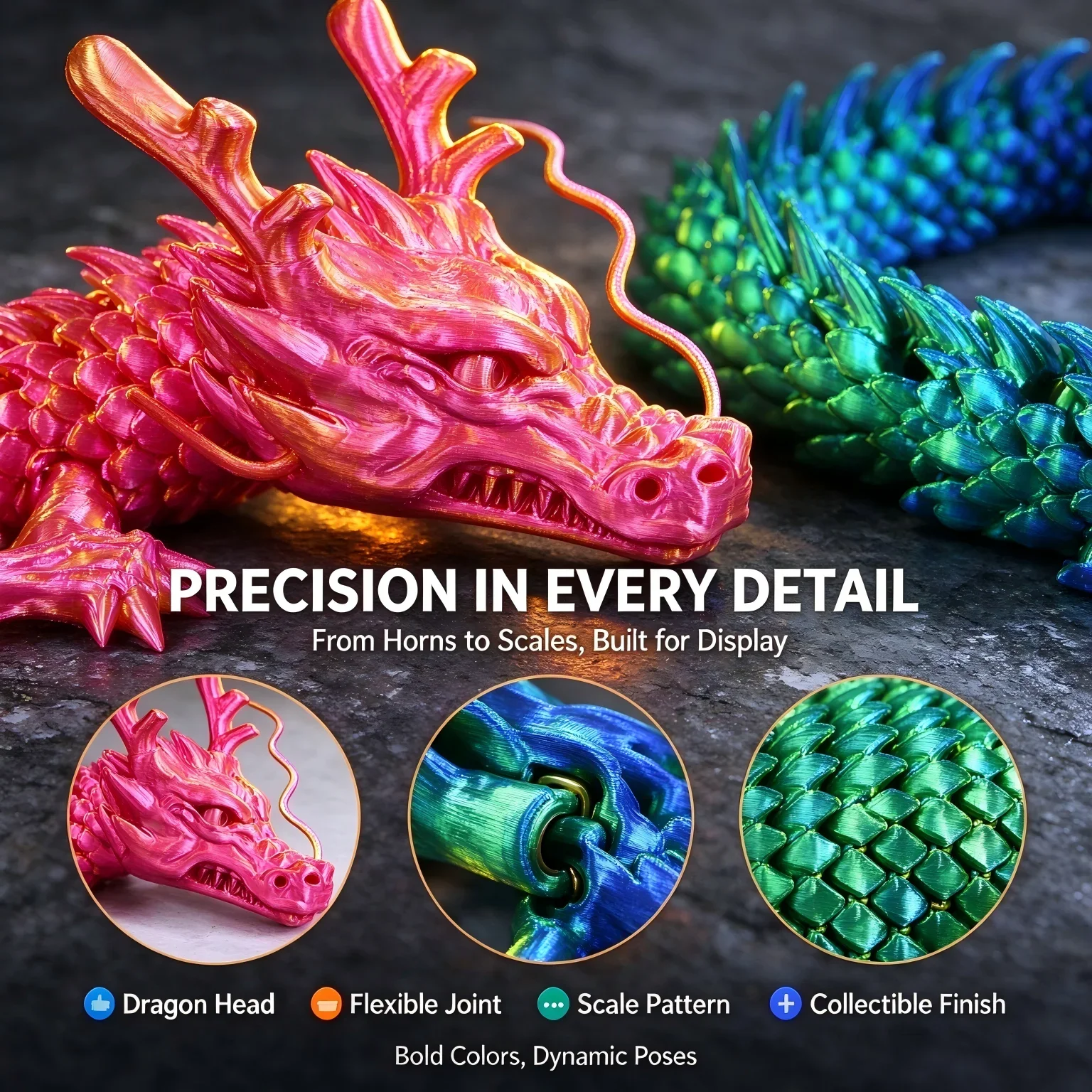 3D Printed Articulated Dragon 24-Inch Flexi Desk Companion Every Joint Movable Dragon Toy Office Desktop Ornament Home Decor Holiday Gift for Dragon Lovers