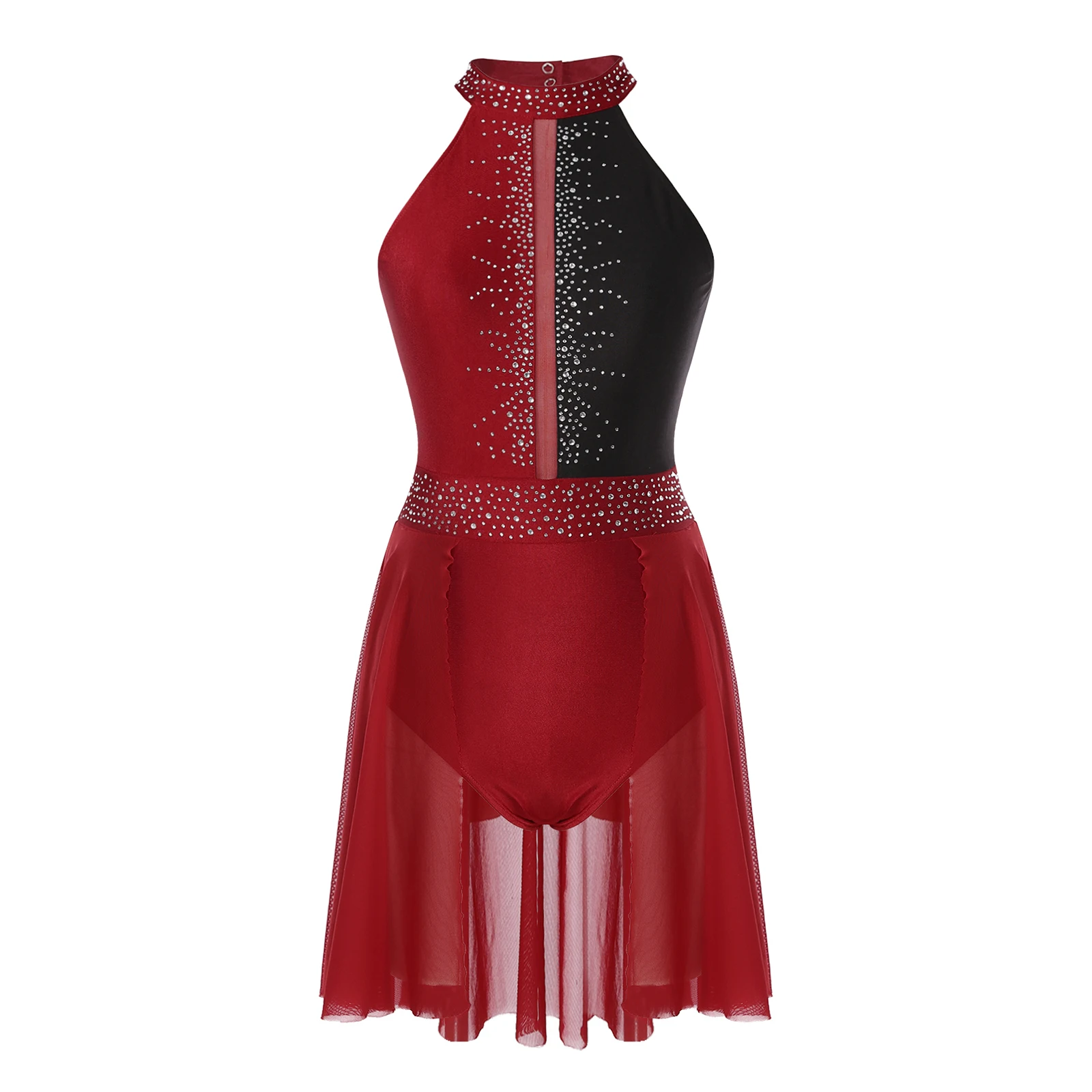 Vestido feminino brilhante com strass, vestido de dança moderna latina com luvas, ginástica, collant artístico, patinação artística, trajes de performance