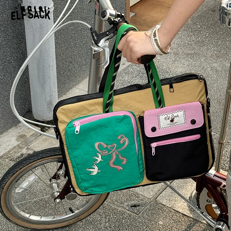 ELFSACK ColorBlock MultiPocket Laptop Tote Bag with Cartoon Ribbon & Bird Print, Functional Casual Briefcase for Daily Commute