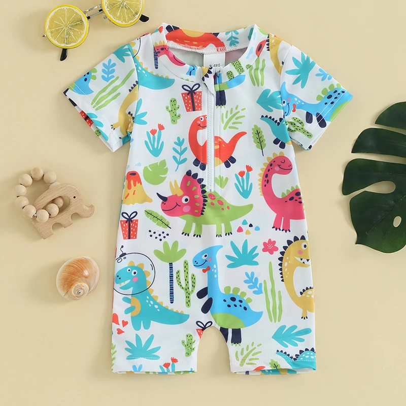 Toddler Boys Rash Guard Swimsuit Dinosaur Print Short Sleeve Round Neck Front Zip Up Beach Wear