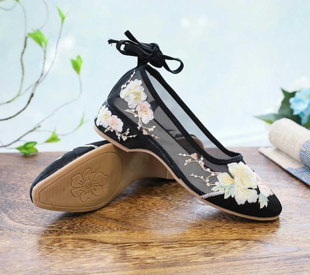Veowalk Long Ankle Strap Summer Women Gauze Mesh Embroidered Ballet Flats Breathable Comfortable Walking Shoes for Elegant Lady