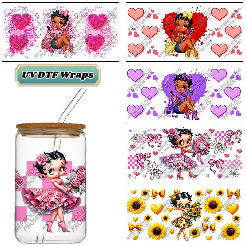 Cute Retro Girl UV DTF Wraps Colorful Heart & Flower Stickers for 16oz Glass Cans Waterproof DIY Transfer Decals