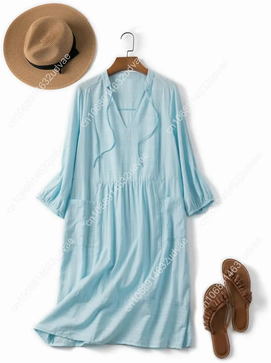 Lafural Abito da donna con scollo a V in cotone, tunica ampia e casual, grembiule, abiti estivi, abito da vacanza, tasca con maniche a 3/4