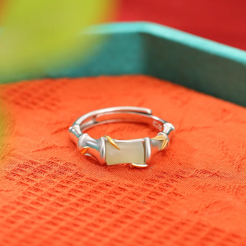 Hetian S925 Sterling Silver Two-Tone White Jade Joint and Leaf New Style Fashion Ring