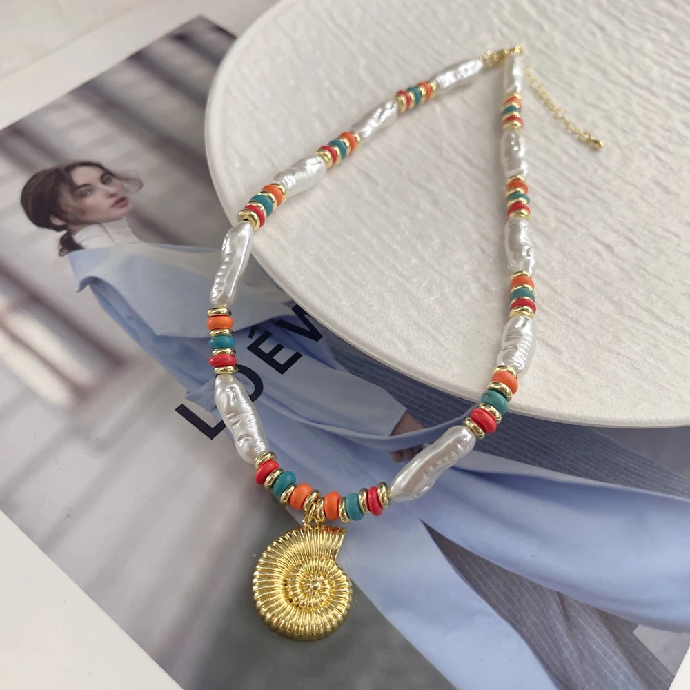 5 pcs/lot Trendy Conch Shell Pendant Bead Necklace Gold Plated Plastic Pearl Natural Stone Fashion Jewelry for Women Gift