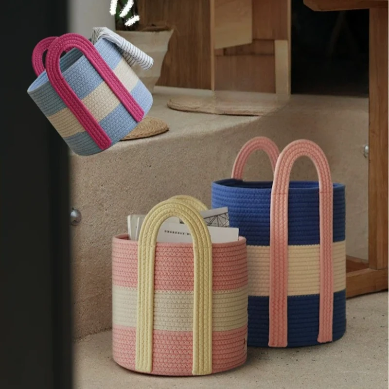 

Dopamine Contrast Color Woven Laundry Basket Cute Handheld Toy Storage Bin Home Bedroom Sundries Organizer Kids Clothes Hamper
