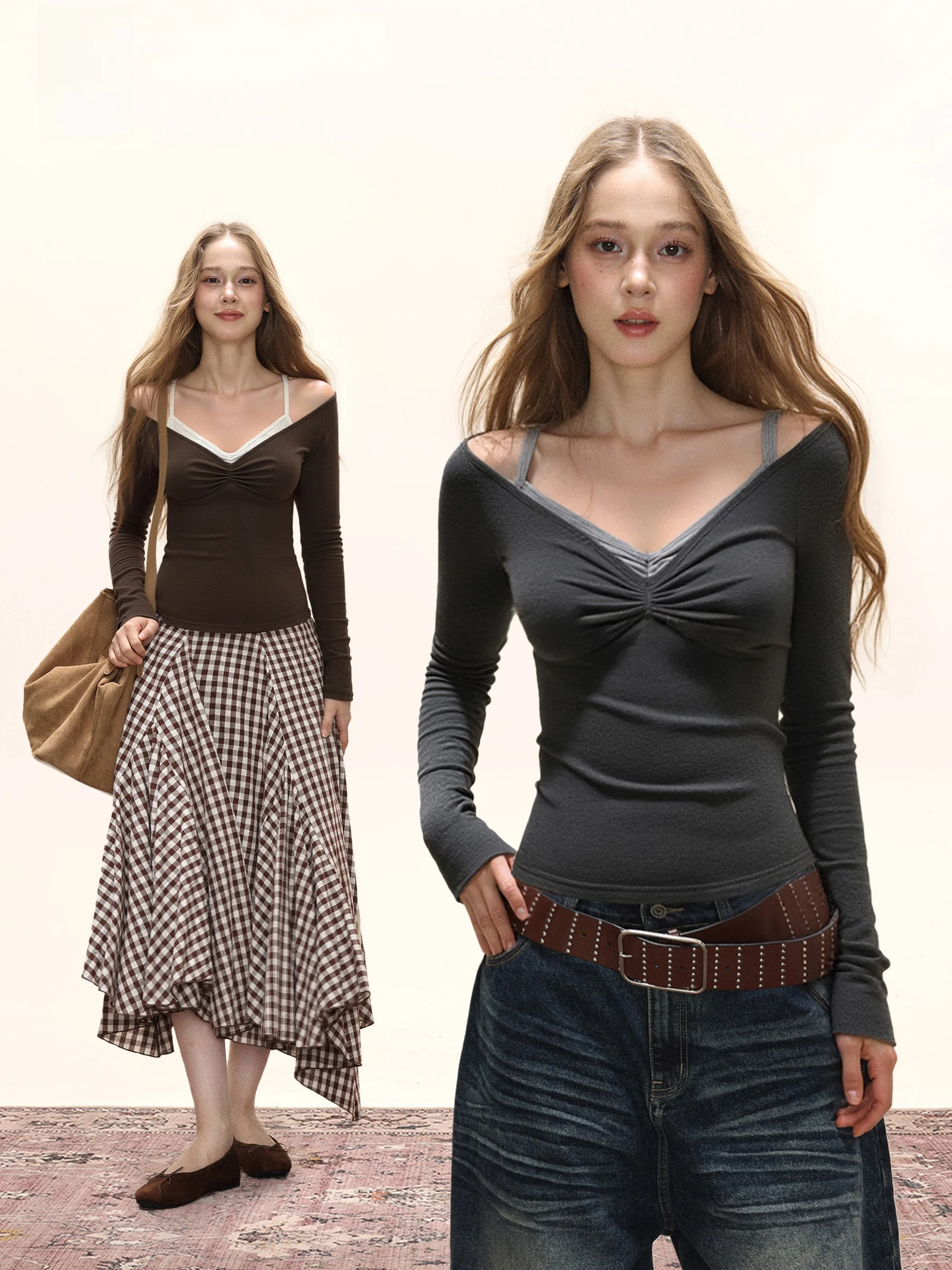 

Сексуальная женская зимняя базовая футболка с открытыми плечами и длинным рукавом, повседневный облегающий топ с контрастным дизайном