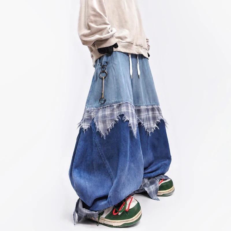 LUZHEN 2026 New Original Personalized Plaid Printed Patchwork Design Loose Wide Leg Denim Pants Men Hip -hop Style Jeans JY9024