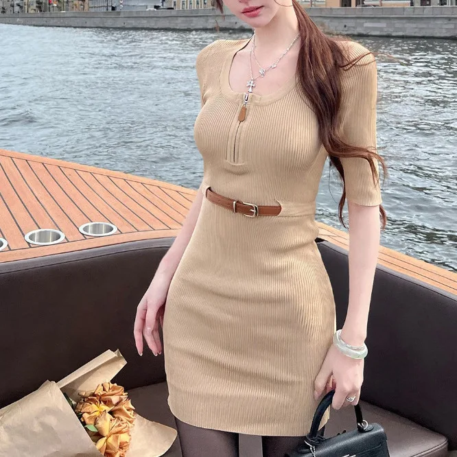 Modern Style Knitted Dress Office Lady Elegant Hong Kong Style Daily Commute Workwear Female Polyester Fabric Full Sleeve