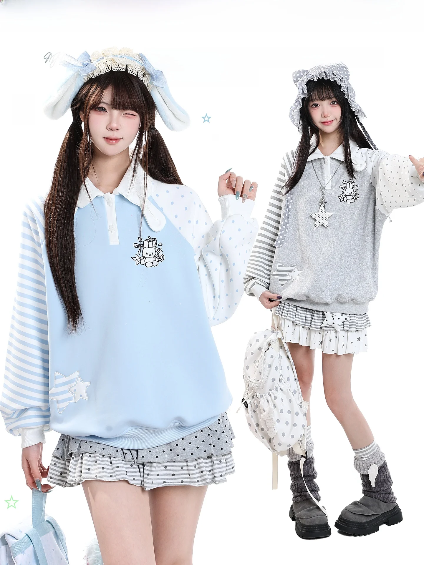 Cute Rabbit Embroidery Polka Dot Striped Patchwork Women's Oversize Lazy Style Long Sleeve Hoodie Pullover Casual Top