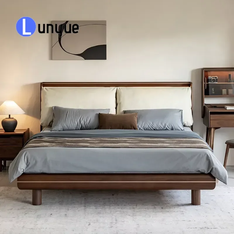 Nordic Black Walnut Bed Modern Simple Luxury Upholstered Solid Wood Furniture Manufacturer Wholesale Bedroom Bed