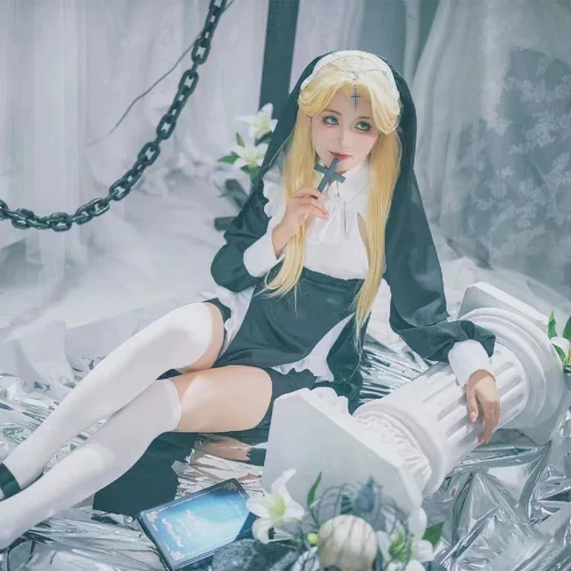 섹시한 수녀 코스프레 차우비 코스튬, 멋진 원피스 세트, 수녀 원피스 블랙 멋진 유니폼, 할로윈 파티 역할극 복장