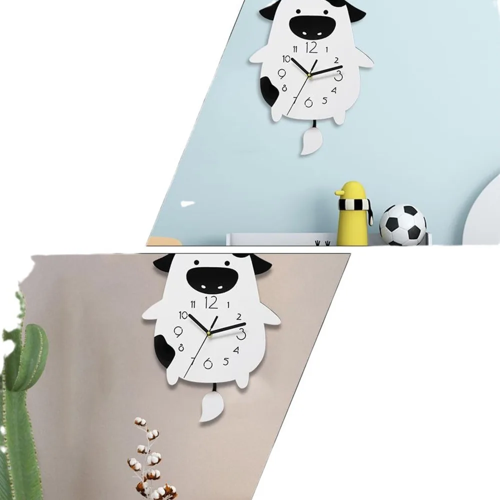 Cartoon Cow Acrylic Wall Clock Silent Movement Swing Tail Pendulum Cartoon Cow Clock 10.24X14.57in Non-Ticking Design