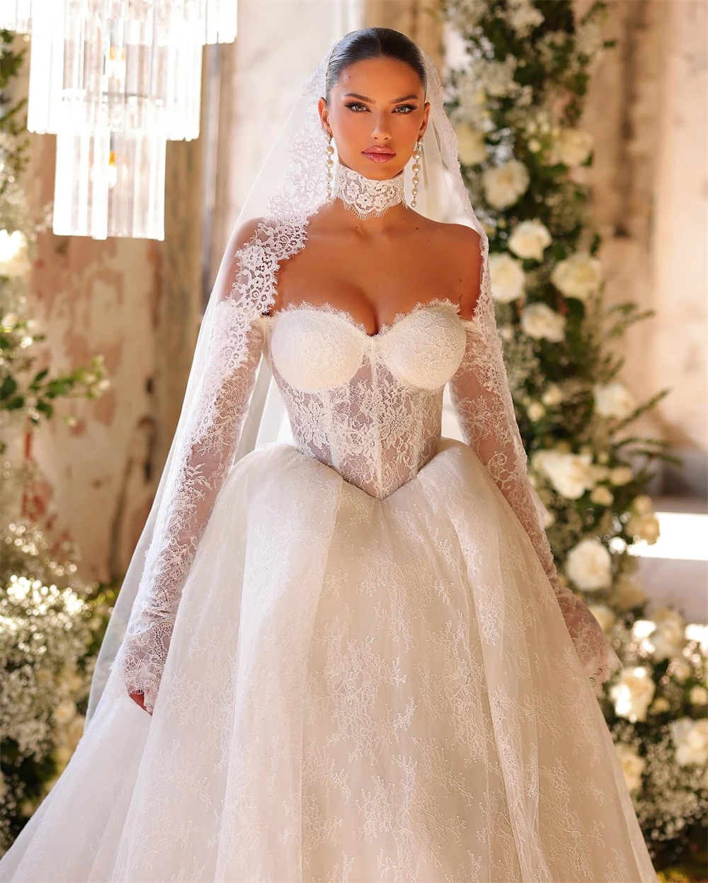 맞춤형 섹시한 화이트 레이스 로브 드 마리에 포멀 보트넥 긴 소매 웨딩드레스 매력적인 A라인 채플 트레인 웨딩드레스