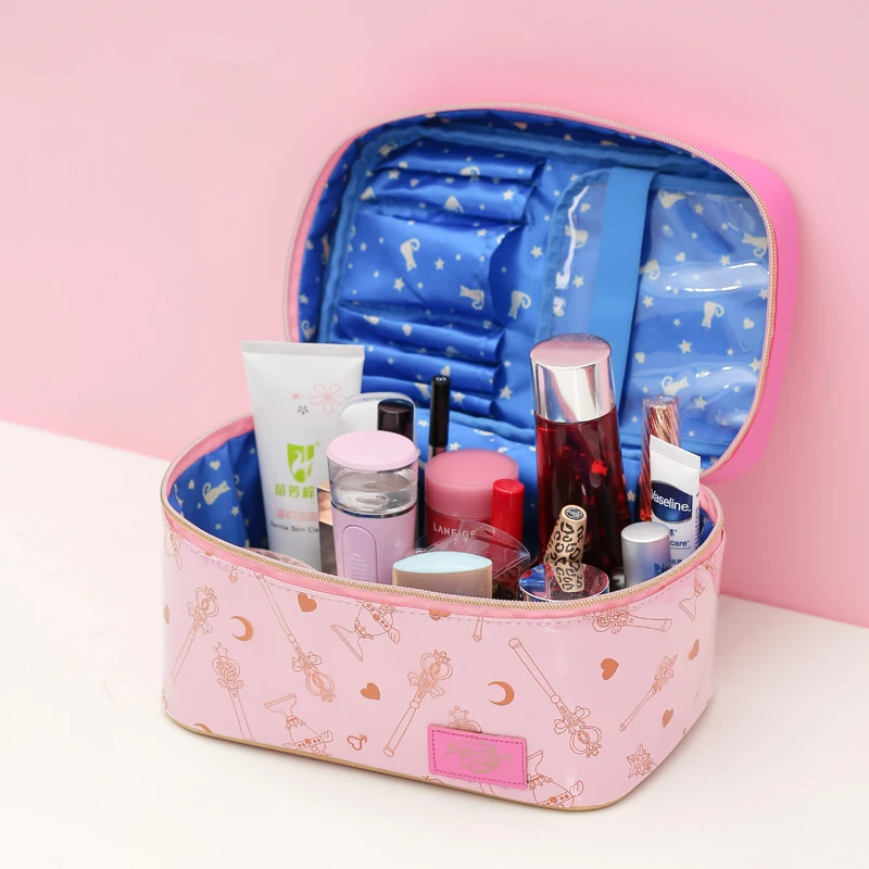 Makeup Bag For Women Girl Portable Cartoon Crystal Moon Cute Bowtie Handle , Large Capacity Storage Bag Travel Tool Handbag