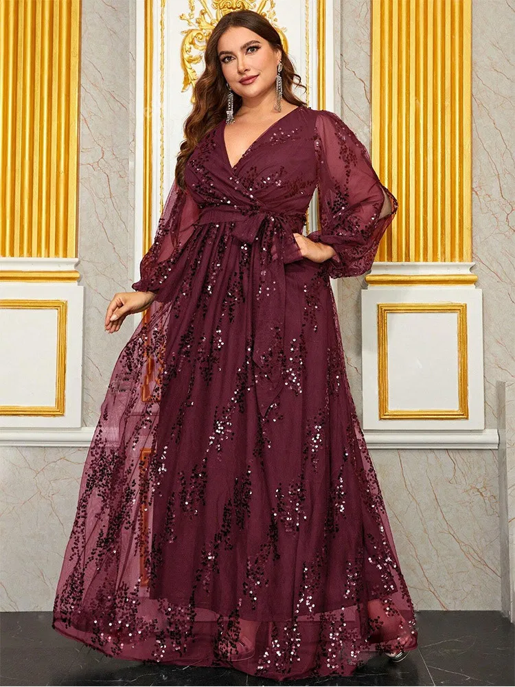 Neues Übergrößen-Paillettenkleid mit Sexy V-Ausschnitt und Laternenärmeln Elegantes Ballkleid für Bankette und Abendveranstaltungen Vestidos De Mujer – Detail 3