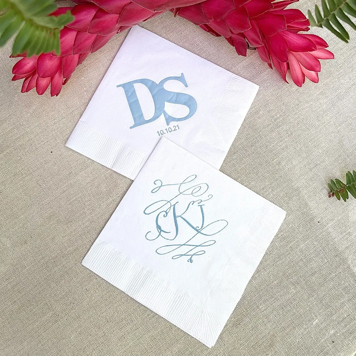 White Wedding Napkins, Monogram Custom Cocktail Napkins, Foil Printed Napkins, Personalized Ink Printed Napkins, Customized Part