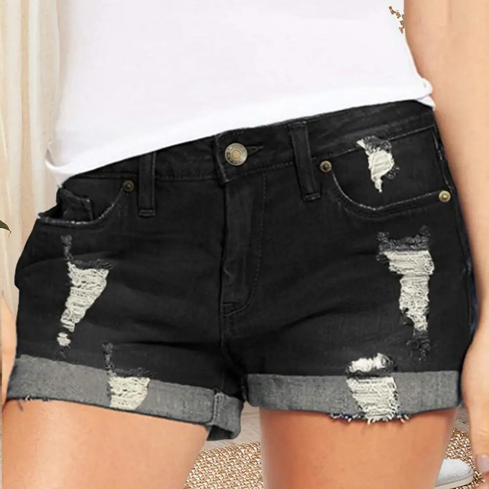 Denim Shorts for Women Women's Mid Rise Distressed Denim Shorts with Pockets Summer Jean Shorts for Females Stretchy Cuffed Hem