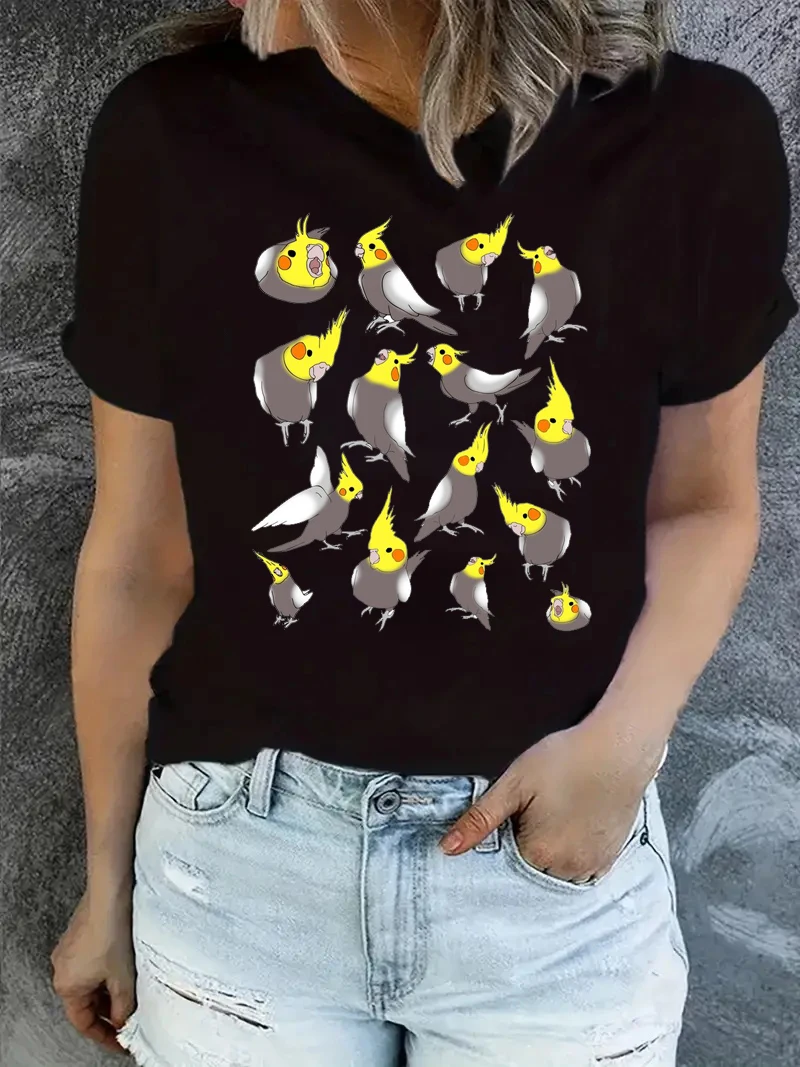 Mollige Valkparkieten Vogel Animal Print T-Shirt Vrouwen Harajuku Kawaii Kleding Grappige Zwarte T-shirts Vrouwelijke Tumblr Tops Tee Shirt