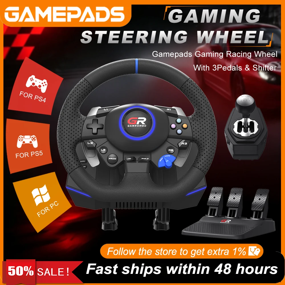 Für PS5/PS4/PC Gaming-Lenkrad 270 ° &900 °   RGB F127 Simulator-Rennlenkrad mit Hall-Effekt-Makro, 3-Pedal- und Schalthebel-Set