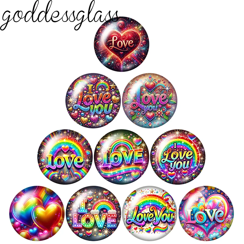 Love you Rainbow Colors Colorful words 10pcs 12mm/20mm/25mm Round photo glass cabochon flat back Making findings Jewelry