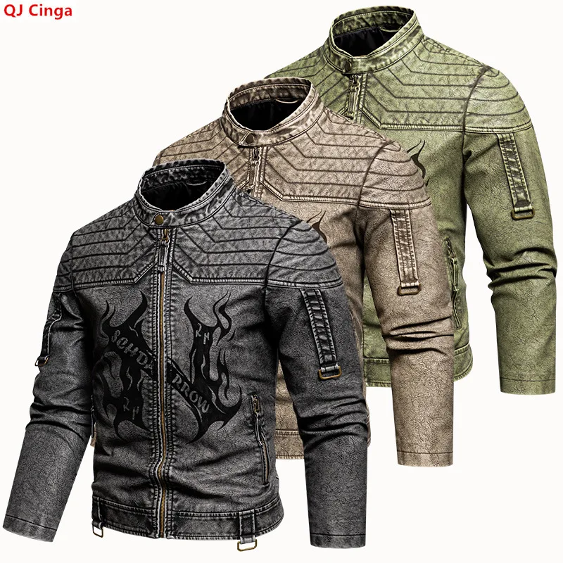 Men's Long-sleeve PU Jacket for Spring and Fall, Available in Gray-black Faux Leather Coat, with Khaki and Green Options.