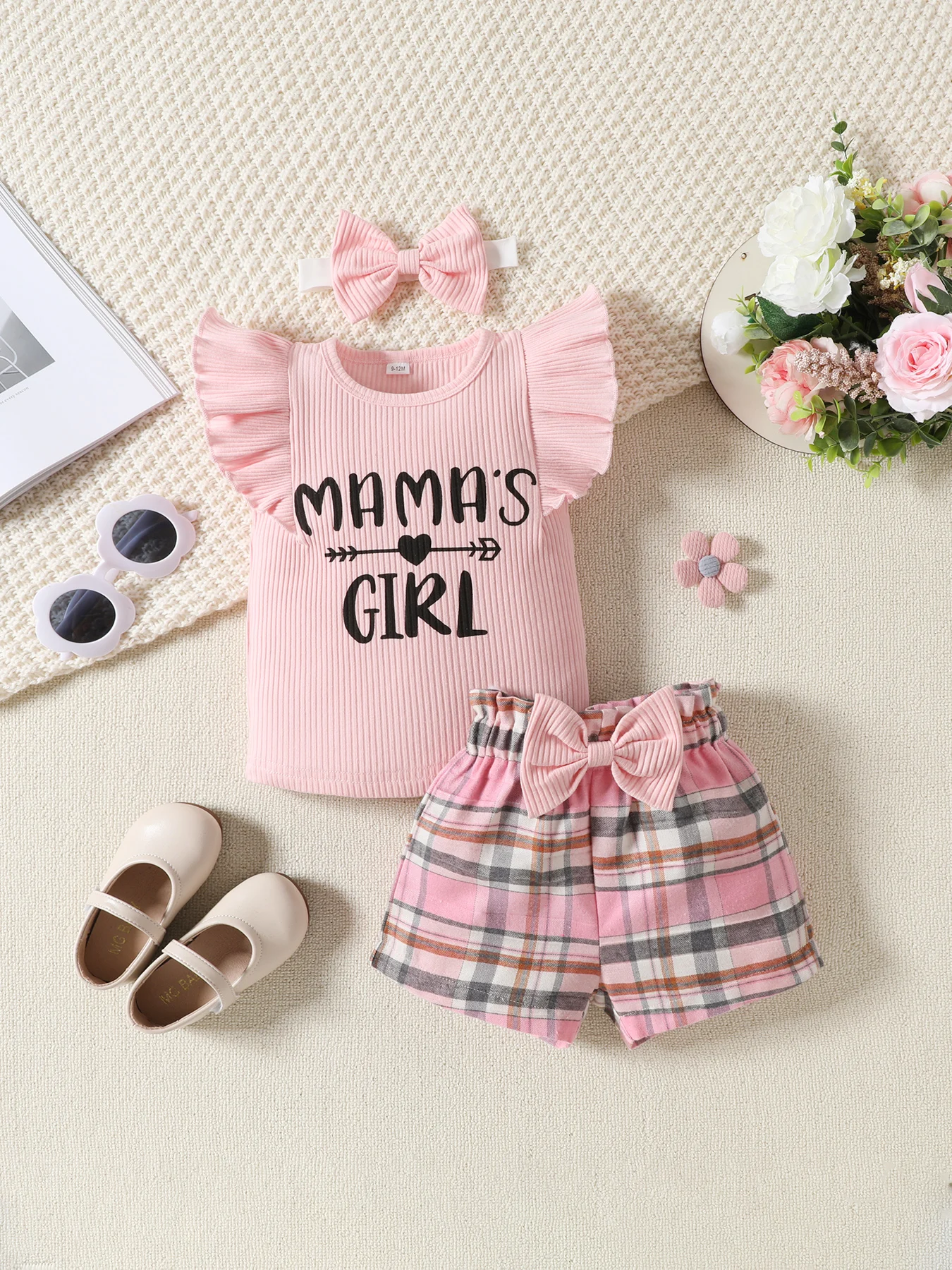 3PCS Summer Children Infant Girl Baby Pink Ruffled Short Sleeved Set With Striped Shorts Bow Headband Baby Set 0-3T