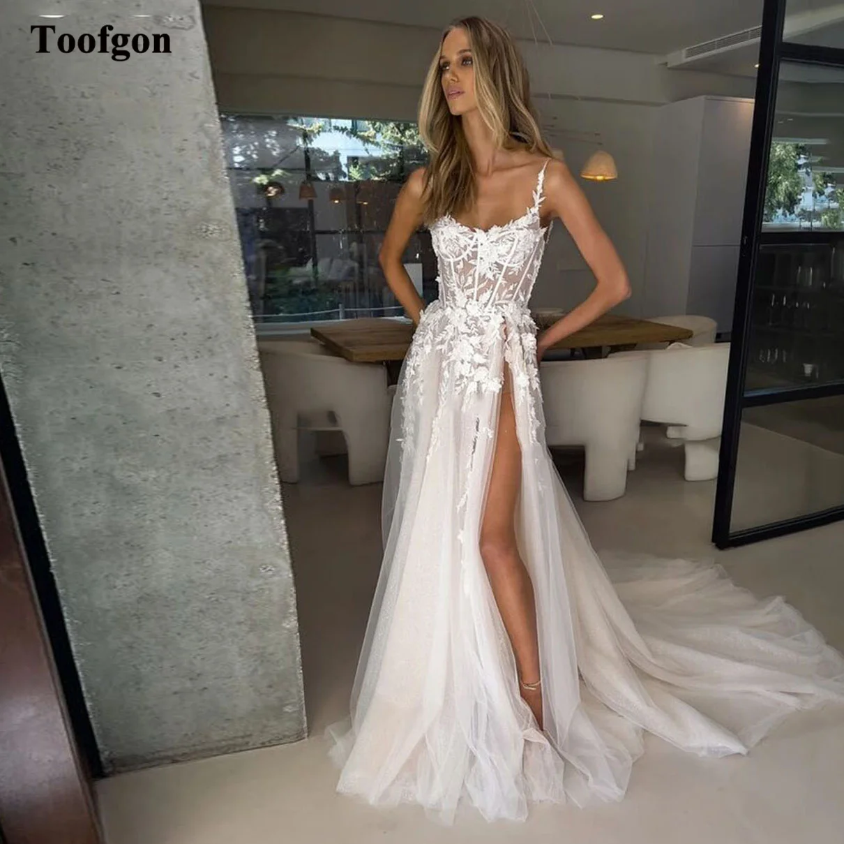 Toofgon Sexy Lace 3D Flowers Wedding Dresses Boho Spaghetti Strap Beach Bridal Dress Corset Bones Side Split Bride Wedding Gowns