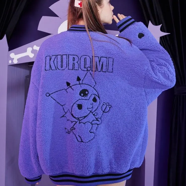 

Sanrio Kuromi autumn and winter new Japanese students purple embroidered lamb wool baseball uniform women's winter loose jacket