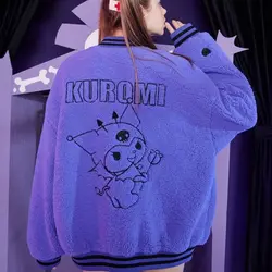 Sanrio Kuromi autumn and winter new Japanese students purple embroidered lamb wool baseball uniform women's winter loose jacket