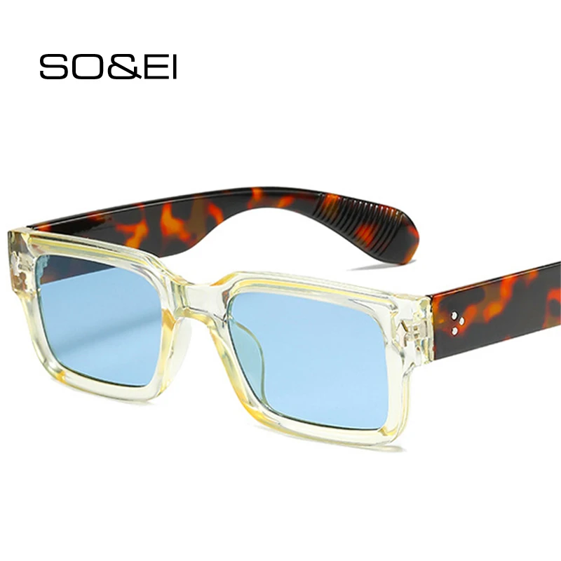 

SO&EI Fashion Square Contrast Color Sunglasses Women Retro Tea Green Gradient Shades UV400 Men Trending Punk Rivets Sun Glasses