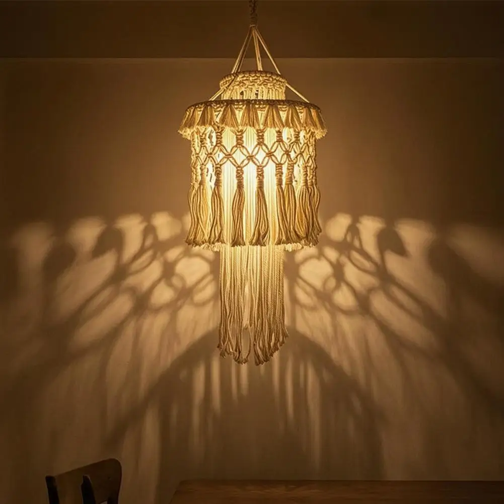 Bohemian Lampshade Handmade Cotton Tassel Hanging Light Cover For Dining Room Bar Living Room Decor Rustic Hanging Lamp Cover