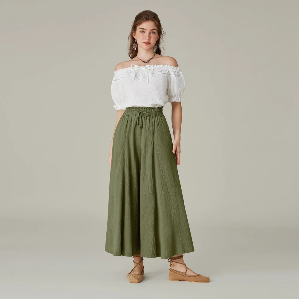 SD Fashionable Women\'s Renaissance Wide Leg Pants Drawstring Waist Open Side Seam Pockets Ankle Length Cotton Palazzo Pants