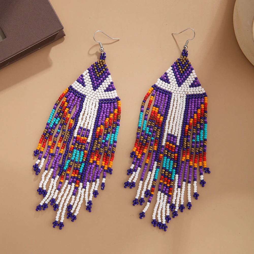 Rice bead earrings Tassel Fashion Simple Design Bohemia Hand knitting Alloy Geometry Beaded earrings