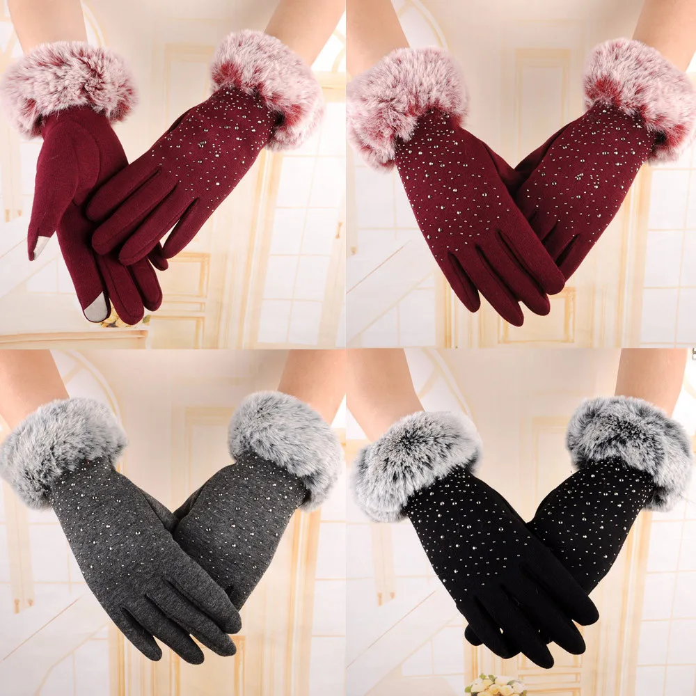 

Female Faux Rabit Fur Suede Leather Touch Screen Driving Glove Winter Warm Plush Thick Embroidery Full Finger Cycling Mitten