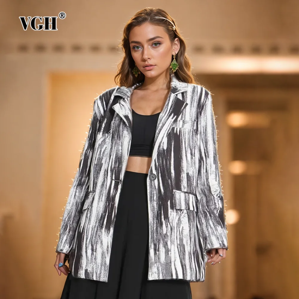 VGH Hit Color Printing Casual Blazers For Women Notched Collar Long Sleeve Patchwork Single Breasted Minimalist Blazer Female