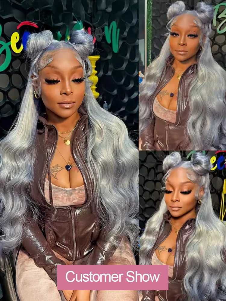 30 40 Inch Silver Grey Colored Body Wave Human Hair 13x6 HD Lace Frontal Wigs 250% Density Lace Front Wig For Women Pre Plucked image 5