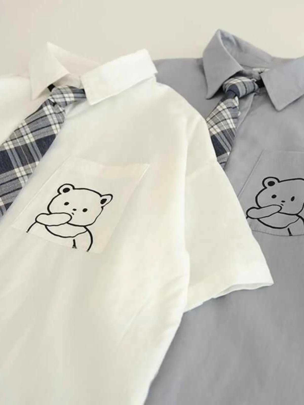 

Chic Japanese Style Short Sleeve Shirt Pure Color Slim Fit Stand Collar Knot Tie JK Uniform Top for Women