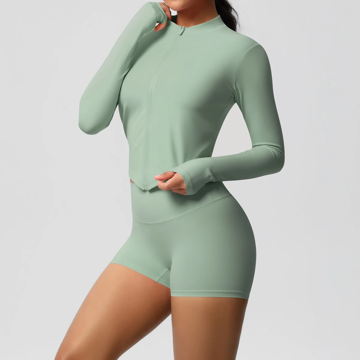 Setelan olahraga Yoga setelan olahraga wanita, jaket ritsleting ketat angkat pinggul, setelan Yoga celana pendek Gym olahraga lari untuk wanita