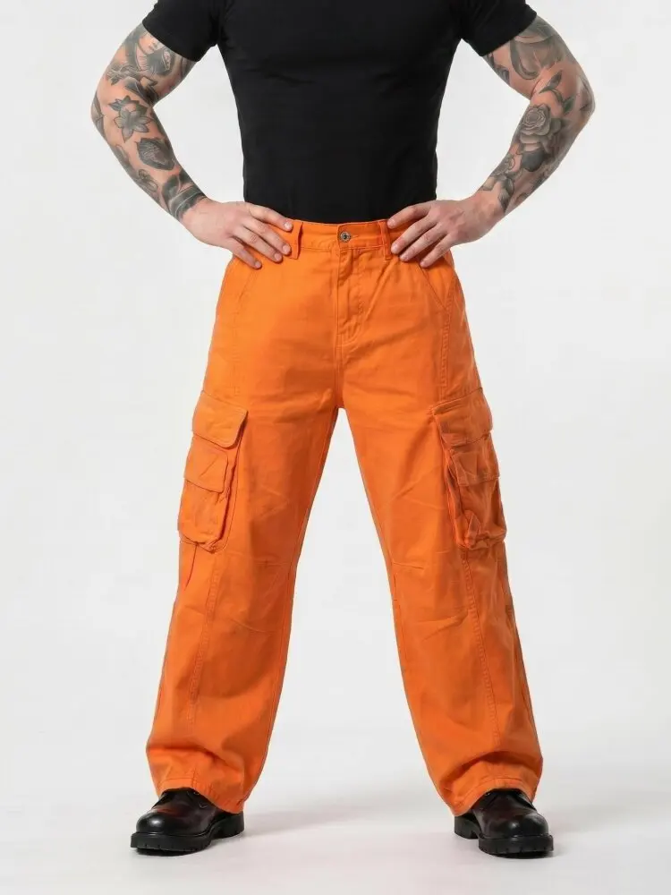 2026 Gothic Y2K Style Orange Baggy Cargo Dance Jeans Pants For Men Clothing Multi Pockets Wide Leg Hip Hop Loose Long Trousers