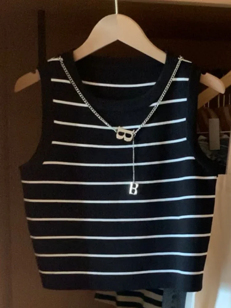 Sommer Frühling Gestreiften Tank Tops Frauen Ärmelloses Strick T-Shirts Crop Tops Weibliche Elastische Dünne Beiläufige Westen Pullover Camis 2026