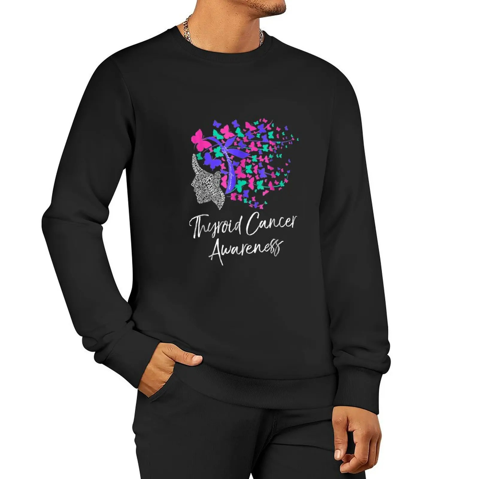 Lady With Butterfly Hair Thyroid Cancer Awareness Pullover Hoodie men's sweat-shirt set hooded sweatshirts