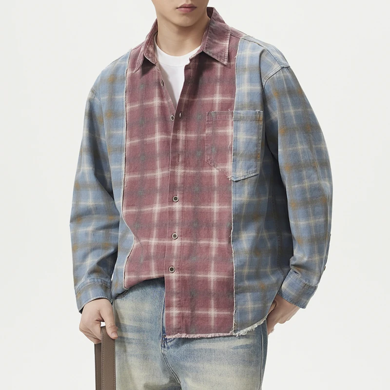 

Vintage Washed Cotton Splice Plaid Oversize Shirt Man Streetwear Fashion Cityboy Loose Casual Long Sleeve Plus Size Cargo Shirts