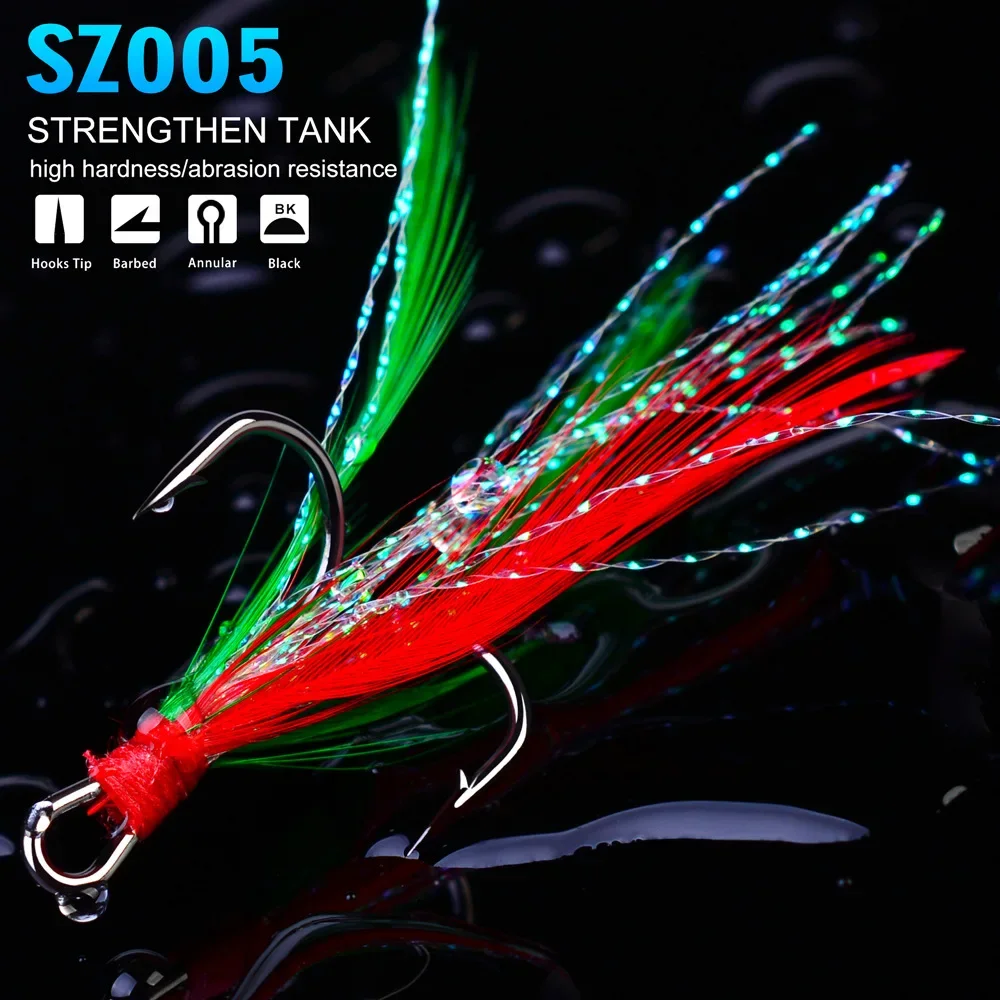 PRO BEROS 10PCS Colorful Feathers Treble Hook 2# 4# 6# 8# 10# Fishing Treble Hooks With High Strength Hook Dressed Treble Hook