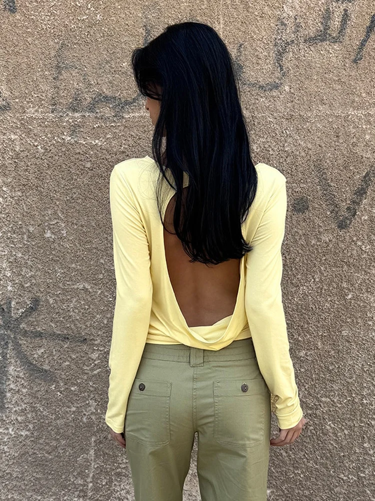 Tossy Open Back Top Long Sleeve Round Neck Backless Slim Fit Solid Casual Party Going Out Draped Back Black Streetwear Blouse