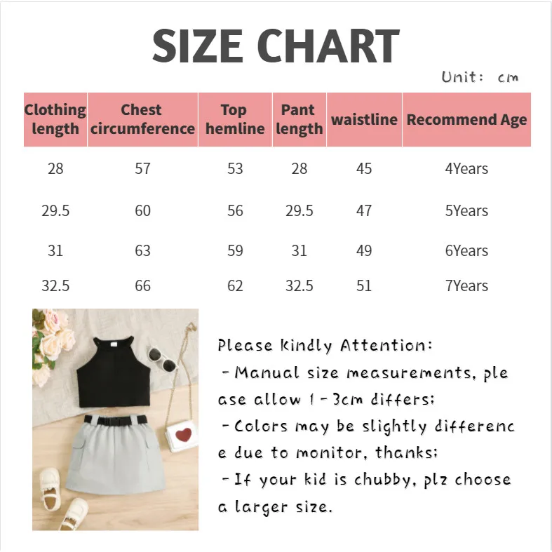 2PCS Summer Kid Girl Clothing Set Ribbed Hanging Neck Black Top+Short Skirt with Belt Korean style Costume for Girls 4-7 Years