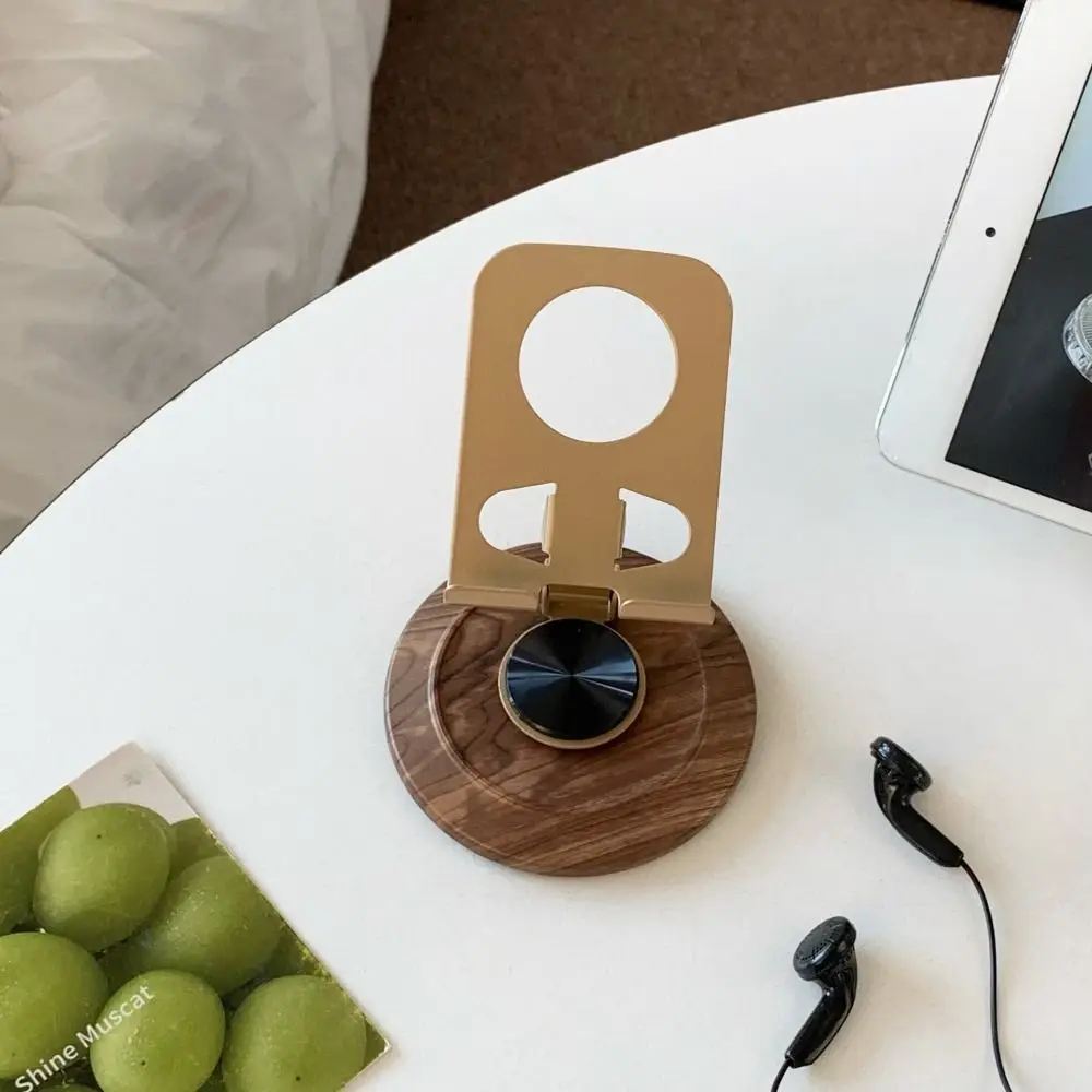 

Retro Walnut Wood Phone Holder Metal Foldable Desktop Cellphone Stand with Anti-Slip Base 360° Rotation Phone Bracket
